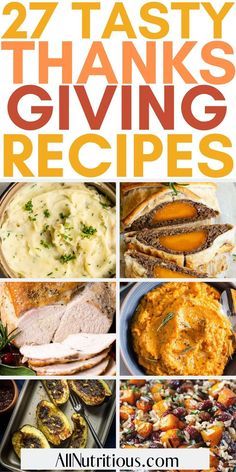 the cover of 27 tasty thanksgiving giving recipes, with images of different dishes and text overlay