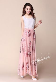 32 Colors Pink Flowers Chiffon Skirt Long Maxi by CHARMINGDIY Feminine Summer Chiffon Beach Dress, Feminine Chiffon Beach Dress For Summer, Flowy Chiffon Dress For Spring Vacation, Flowy Summer Casual Chiffon Dress, Summer Casual Flowy Chiffon Dress, Bohemian Chiffon Dress For Spring, Casual Summer Flowy Chiffon Dress, Feminine Summer Chiffon Maxi Dress, Feminine Chiffon Maxi Dress For Summer