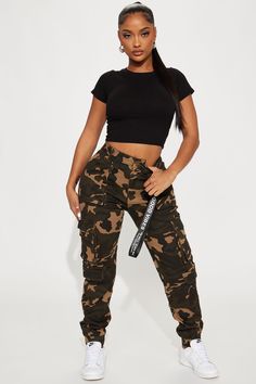 Available In Camouflage Jogger Front And Back Pockets Cargo Pockets D Ring Detail Removable Key Chain Stretch Disclaimer: Print Placement Will Vary. 97% Cotton 3% Spandex Imported | Good Vibes Cargo Jogger Pant in Camouflage size Medium by Fashion Nova Army Pants Outfit, Women's Streetwear Fashion, Curvy Casual Outfits, Camouflage Fashion, Army Pants, Camo Outfits, Joggers Outfit, Cargo Joggers, Print Placement