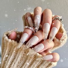 White Christmas Icey Tip Press on Nails, Snowflake Crystal Broken Glass Winter Handmade Nails, Snow White Ombre Clear Tip Jelly Nails, MO285 - Etsy Christmas Nails Acrylic Medium, Icey Nails Winter, Long White Nails With Designs, Round Stiletto Nails, Clear Christmas Nails, Ice Nails Designs, Icy Nails Winter, Ice Queen Nails, Snow Nails Winter