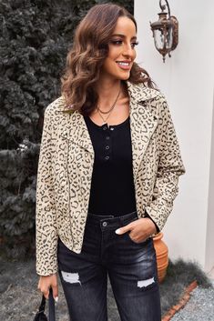 Leopard Print Zipper Lapel Collar Jacket Spring Casual Biker Jacket With Lapel Collar, Casual Biker Jacket With Lapel Collar For Fall, Casual Collared Biker Jacket For Spring, Collared Outerwear With Zipper For Spring, Collared Spring Outerwear With Zipper Closure, Collared Outerwear With Zipper Closure For Spring, Leopard Satin Dress, Leopard Print Pattern, Bodycon Casual