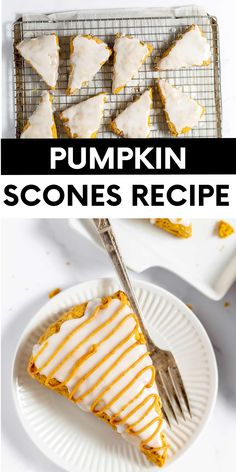 pumpkin scones recipe on a white plate with a fork and orange icing drizzle