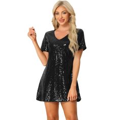 This dress is sure to turn heads with its sparkly sequins and charming V-neckline. The short sleeves add a fun touch that's perfect for a night out at a club or a special occasion. Whether you're dancing the night away or mingling with friends, this dress will make you feel confident and glamorous. With its eye-catching design, you're sure to be the center of attention wherever you go. Cheap Shimmer Party Dress, Day Party Dress Target, Cheap Edgy Dresses For Night Out, Cheap Glitter Mini Dress For Night Out, Cheap Glamorous Mini Dress By Forever 21, Cheap Mini Length Shimmer Dresses, Cheap Shimmer Mini Dress For Night Out, Cheap Sleeveless Sequin Dress For Party Season, Affordable Forever 21 Mini Dress For Party Season