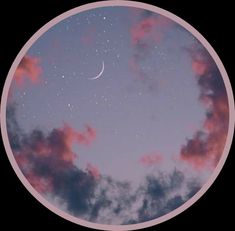 the sky is full of stars and clouds as seen through a circular window at night