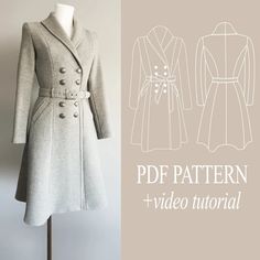 a coat with buttons on the front and side, is shown in white text that reads pattern video tutor