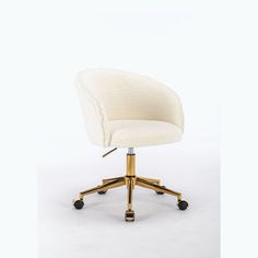 an office chair with wheels on the back and seat upholstered in white fabric