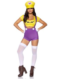 a woman in a costume that is standing up with her hands on her hips and legs crossed