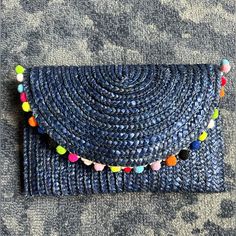 Pom Pom Straw Clutch Purse Shiraleah Chicago Navy Colorful Pom Poms 11.5 X 8 Never Used Great For A Wedding Or Summer Celebration! Blue Woven Clutch, Blue Bohemian Pouch Clutch, Blue Bohemian Clutch Handmade, Blue Bohemian Clutch For Everyday Use, Summer Multicolor Clutch For Beach, Handmade Blue Bohemian Clutch, Blue Clutch For Summer, Handmade Bohemian Blue Clutch, Summer Blue Clutch