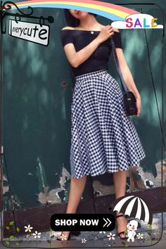 Women Black White Plaid High Waist Cotton A Line Skirts Spring Black Casual Skirt For Fall, Casual Black Skirt For Fall, Casual Full Skirt For Fall, Black Casual Summer Skirt, Casual Black Summer Skirt, Black Cotton Knee-length Skirt, Casual Black Full Skirt Bottoms, Black Cotton Skirt For Summer, Casual Fitted Full Skirt