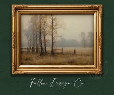 an oil painting of trees in a foggy field with the words follow design co