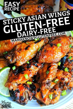 A white plate with gluten-free sticky Asian wings with scallions and lime wedge. Soy Dairy And Gluten Free Recipes, Gluten Free Asian Appetizers, Dairy Free Asian Recipes, Gluten Free Pot Luck Dishes, Gluten Free Chinese Recipes, Dairy Free Gluten Free Dinner, Healthy Wings Recipe, Gluten Free Dairy Free Appetizers, Gluten Free Wings