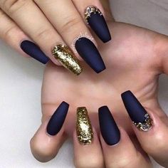 Blue And Gold Nails, Nail Coffin, Acrylic Manicure, Wedding Acrylic Nails, Wedding Acrylic, Nails Matte, Nails Gold, Elegant Nail Designs, Blue Electric