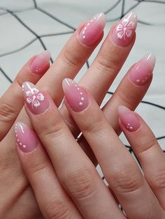 #pink #summer #nails #inspiration #hibiscus Feature Nail Ideas, Manicure Ideas Classy, Nail Ideas Hibiscus, Almond Inspo Nails, Pink Homecoming Nails Almond, Pink Nails With White Flower Design, Summer Nails Pink Flower, Hibiscus Flower Nails With French Tips, Flower Pink Nails