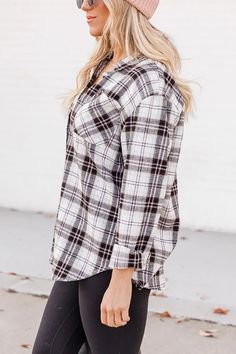 Plaid Check Style Button Down Long Sleeve Collared Shirt Plaid Button-up Tops For Fall, Fall Plaid Button-up Tops, Plaid Long Sleeve Top With Button Closure, Plaid Long-sleeve Top With Button Closure, Winter Button-up Blouse With Button Closure, Plaid Tops With Button Closure For Fall, Black Collared Flannel Shirt With Buttons, Plaid Button Closure Workwear Top, Black Collared Flannel Shirt