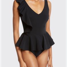 Chiara Boni La Petite Robe Diny Ruffle Peplum Skirted One-Piece Black Swimsuit With Ruffle Trim At One Shoulder. V Neckline And Low V Back. New With Tags. Very Stylish, Luxury Fabric. Peplum Swimsuit, Bathing Suit Designs, Chiara Boni, Peplum Skirt, Black Peplum, 1 Piece Swimsuit, Surf Wear, Swimsuit Fashion, Designer Swimwear