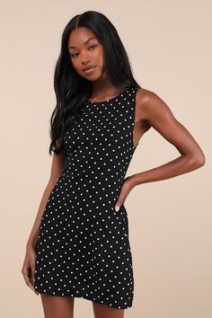 Effortless summer looks start with the Motel Ayana Black Polka Dot Backless Sleeveless Mini Dress! Lightweight woven fabric boasts a polka dot print as it shapes a boat neckline and a sleeveless bodice with a flirty open back that secures with a single slender tie. Slip-style silhouette continues through the lightly fitted waist to a mini hem. Hidden zipper at side. Fit: This garment fits true to size. Length: Mid-thigh. Size medium measures 32" from shoulder to hem. Bust: Great for any cup size Polka Dot Sleeveless Mini Dress For Beach, Sleeveless Polka Dot Mini Dress For Beach, Sleeveless Polka Dot Mini Dress For Vacation, Polka Dot Mini Dress For Beach In Summer, Polka Dot Mini Dress For Beach And Summer, Chic Polka Dot Mini Dress For Summer, Fitted Polka Dot Mini Dress For Beach, Chic Polka Dot Mini Dress For Vacation, Fitted Polka Dot Summer Dress