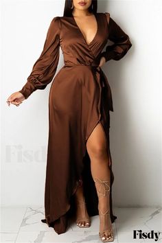 Fisdy - Elegante Vendaje Sólido Cuello en V Vestido Café de Manga Larga para Ocasiones Casuales o Formales Long Sleeve Bandage Dress, Sundress Casual, Long Sundress, Elegant Maxi Dress, Bohemian Maxi Dress, Long Sleeve Dresses, Flowy Maxi Dress, Sleeve Dresses, Long Sleeve Maxi