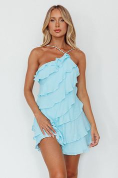 Arrabel Tiered Ruffle Mini Dress Sky Blue by Selfie Leslie Unique Dresses Formal, Layered Homecoming Dresses, Loveshackfancy Short Dress, Peach Homecoming Dress, Loose Hoco Dress, Short Unique Dresses, Greek Hoco Dresses, Light Blue Dress Mini, Blue Beachy Dress