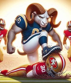 a painting of rams football players and an american football player on the ground with their helmets