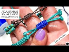 an image of someones hand with some beads on it and the words, adjustable square knot bracelet closure