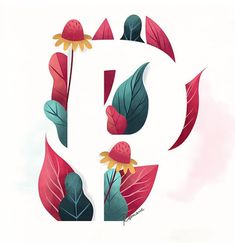 the letter p is made up of leaves and flowers, with one flower in the center