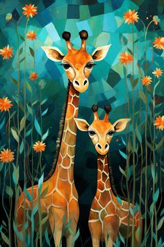 two giraffes are standing next to each other in the grass and flowers