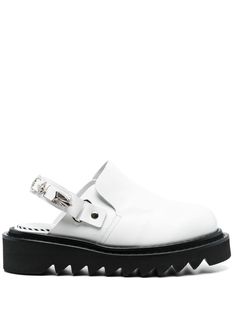 white polished finish round toe buckle-fastening ankle strap open back branded insole chunky rubber sole White Open Toe Mules With Buckle, White Open Toe Mules With Buckle Closure, White Buckle Closure Mules For Spring, Spring White Mules With Buckle Closure, White Leather Sandals With Rectangular Buckle, Modern Closed Toe Mules With Buckle, Modern Closed Toe Mules With Buckle Closure, Modern Mules With Tang Buckle And Round Toe, White Mules With Buckle Closure And Open Heel