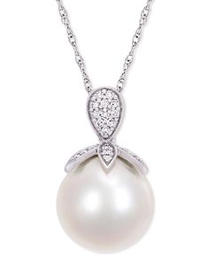 A glistening cultured freshwater pearl dangles from a diamond-encrusted cap on this truly stunning pendant necklace. Elegant Macy's White Gold Jewelry, Elegant White Gold Diamond Necklace From Macy's, Elegant Macy's Jewelry With Pave Setting, Macy's Elegant Jewelry With Pave Setting, Macy's White Jewelry With Pave Setting, Elegant White Jewelry From Macy's, Elegant White Macy's Jewelry, Elegant Macy's Diamond Necklace With Diamond Accents, Macy's Elegant Diamond Necklace With Accents