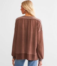 BKE Pieced Lace-Up Top - Brown Large, Women's Madderbrown Raw edge washed top Bust measures 44 on size small Body length 25 on size small. Self: 63% Cotton 32% Polyester 5% Spandex. Contrast: 100% Polyester. Hand wash cold. Do not bleach. Hang to dry. Iron low if needed. . Measurements: Bust -Fullest part of bust with arms at sides. Waist -Circumference of natural waist: above belly button below rib cage. Hips -Standing with feet together fullest part of hips. WOMEN'S TOP SIZE CONVERSION CHART S Casual Brown Tops For Layering, Brown Relaxed Fit Washed Top, Brown Distressed Crew Neck Top, Brown Distressed Cotton Tops, Long Sleeve Washed Brown Top, Brown Washed Long Sleeve Top, Brown Long Sleeve Washed Tops, Casual Brown Tops For Fall, Conversion Chart