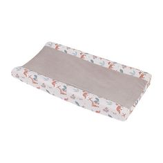 a baby crib mattress with an animal print on the bottom, and grey lining