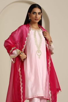 Pink kurta with aari thread embroidered floral motifs. Comes with pant and scallop border dupatta. - Aza Fashions Wedding Palazzo Set With Straight Kurta And Embroidered Border, Wedding Palazzo Set With Embroidered Border And Straight Kurta, Wedding Straight Kurta Sets With Embroidered Border, Wedding Sets With Embroidered Border Straight Kurta, Chanderi Sets With Embroidered Border For Eid, Eid Chanderi Set With Embroidered Border, Wedding Palazzo Set With Embroidered Border For Diwali, Elegant Anarkali Set With Embroidered Border For Transitional Season, Elegant Festive Sets With Embroidered Border