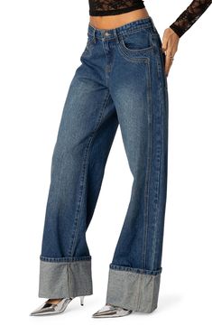 Baggy wide legs give laid-back shape to these cuffed low-rise jeans cut from nonstretch denim for an authentic feel. 100% cotton Machine wash, dry flat Imported Edikted Jeans, Jeans Bongo, Jeans Patch, Low Rise Baggy Jeans, Cuffed Jeans, Patched Jeans, Cuffed Pants, Street Style Chic, Low Rise Jeans