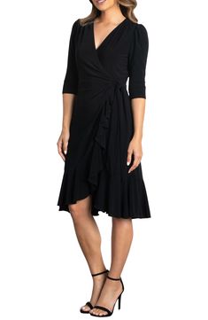 A surplice neckline reveals as little or as much as you want to accentuate on a fab dress that's playfully chic and delightfully drapey. 38 1/2" length 95% polyester, 5% spandex Machine wash, dry flat Made in the USA of imported fabric Fab Dress, Midi Wrap Dress, Surplice Neckline, Special Dresses, Special Occasion Outfits, Womens Black Dress, Dress With Tie, Black Wrap Dress, Petite Dresses