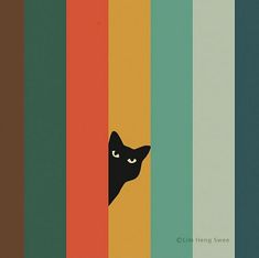 a black cat peeking out from behind a striped wall