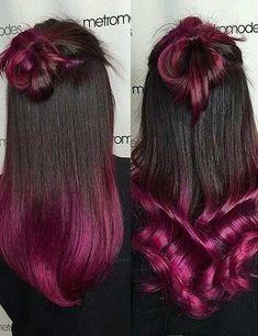 Hair Color Ideas For Ombre, Brunette With Colored Ends, Different Color Hair Ideas Ombre, Ombre Fantasy Hair, Vivid Ombre Hair Color, Hair Color Ideas For Brown Hair Ombre, Berry Ombre Hair, Dark Brown Hair With Colored Ends, Hair Color Ideas For Dark Hair Ombre