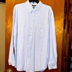 Button Down - Blue & White Striped Dress Shirt Casual Striped Button-up Dress Shirt, Blue White Striped Dress, Oxford Shirt Men, White Stripes Shirt, Men's Chaps, Seersucker Pants, Chaps Ralph Lauren, White Halter Maxi Dress, White Striped Dress