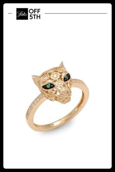 The 14k Panther-Head Ring Is Crafted From Yellow Gold And Features Intricate Detailing With Diamond Accents And Emerald Eyes. Diamonds, 0.17 Tcw Diamond Color: Hi Diamond Clarity: I1-I2 Emeralds, 0.03 Tcw 14k Yellow Gold Made In Usa Size Width, About 0.48'' Please Note: This Ring Can Be Resized Up To 1.5 Sizes, Larger Or Smaller. Warranty And Resizing Services Are Provided Exclusively By Effy, Saks Off 5th Is Not Respon. Center Core - Jewelry Trunk > Saks Off 5th. Effy. Size: 7. Effy Rings, Panther Head, Emerald Eyes, Head Ring, Diamond Color, Diamond Clarity, Panther, Colored Diamonds, Trunk