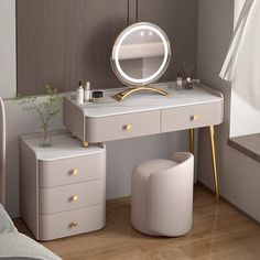 a bedroom with a vanity, stool and mirror