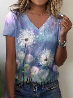 Women's 2024 Spring Summer V-Neck Floral Print Tee Loose Vintage T-Shirt 5XL Relaxed Fit V-neck T-shirt With Floral Print, Relaxed Fit Floral Print V-neck T-shirt, Floral Print V-neck T-shirt With Relaxed Fit, V-neck Floral Print Relaxed Fit T-shirt, Spring Graphic Tee With V-neck, Men Jumpsuit, Flag Outfit, Cheap Clothing, 2024 Spring Summer