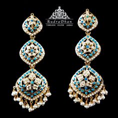 All Gold Plated Earrings Elegant Turquoise Kundan Earrings, Turquoise Kundan Chandbali Earrings, Turquoise Kundan Earrings For Festivals, Turquoise Kundan Earrings For Wedding, Elegant Turquoise Meenakari Earrings, Turquoise Meenakari Temple Jewelry Earrings, Traditional Turquoise Earrings For Wedding, Turquoise Meenakari Earrings For Wedding, Traditional Blue Pearl Earrings For Wedding