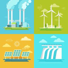 four different types of power plants and windmills