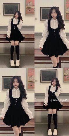 Black And White Aesthetic Dress, First Date Fashion, Korean Outfits Skirts Long, Black And White Dresses Classy, Aesthetic Korean Outfits Dress, Indian One Piece Dress, Korean Cute Dress Outfit, Outfit For Family Dinner, Black And White Outfits Classy