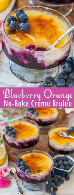 blueberry orange creme no - bake dessert in glass bowls