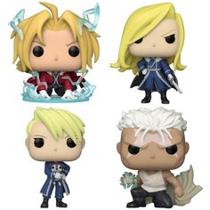 three pop vinyl figurines of anime characters with blonde hair and blue eyes, one in