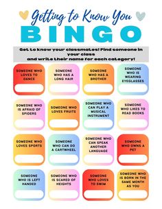 a poster with the words, getting to know you bingo and how to use them