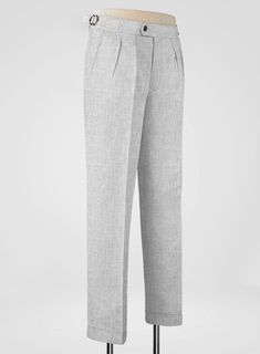 Maintain a distinct professional appearance by adding an extra bit of flair with our Italian Zod Light Gray Linen Trousers. Crafted from linen, these pants will keep you cool, sharp and stylish in summer.   
 
 Look Includes  Italian Zod Light Gray Linen Fabric  Cross Pocket  Forward 2 Pleats  Side Tabs (No Loops)- Arrow Shape  Bottom Cuff (1.5")  Two Welted Back Pockets on Trousers   You can change the look during customization if required. 
 
 Lining: Viscose, Dry Clean. Classic Full Length Dress Pants For Summer, Fitted Summer Pants With Standard Cut Leg, Elegant Spring Pants With Standard Cut Leg, Full-length Linen Dress Pants For Spring, Linen Full-length Dress Pants For Spring, Spring Full-length Linen Dress Pants, Tailored Full-length Linen Pants, Tailored Linen Dress Pants For Work, Linen Pants For Workwear