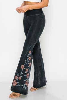 Dexterous formerly known as T-Party Flower embroidered flare foldover waist pants. Foldover or high waist. Skinny tight on thighs. Awesome romantic flowers, so pretty... don't pass these up! Color: Black Waist 26-28-30-32, inseam 31-3296% Cotton, 4% Spandex, wash inside out. Made in USA C4/CJ75486 Embroidered Wide Leg Flare Jeans For Spring, Spring Embroidered Wide Leg Flare Jeans, Trendy Wide Leg Bottoms With Floral Embroidery, Trendy Floral Embroidered Wide Leg Bottoms, Spring Non-stretch Flared Hem Pants, Spring Embroidered Cotton Flare Jeans, Embroidered Non-stretch Wide Leg Bottoms, Bohemian Non-stretch Bottoms With Floral Embroidery, Embroidered Full Length Bottoms For Spring