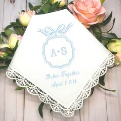 Something Blue Gift for Bride,Wedding Monogram,Bridal Handkerchief,Wedding Favor Gifts,Personalized Hanky,Embroidered Happy Tears Gift A perfect personalized keepsake gift for the Bride to give or receive at the bridal shower, rehearsal dinner, on the wedding day! All of my personalized hankies are EMBROIDERED. (No ink printing, stamping or sublimation here!) For the personalization, please be sure to include the 2 initials with the + sign, the phrase to be embroidered under design (4 words max) Elegant Blue Wedding Handkerchiefs, White Wedding Handkerchiefs With Custom Embroidery, White Handkerchiefs With Custom Embroidery For Wedding, Traditional Wedding Handkerchiefs With Embroidered Border, Blue Embroidered Wedding Handkerchief, Blue Embroidered Handkerchief For Wedding, Blue Embroidered Handkerchiefs For Wedding, Wedding Handkerchiefs With Machine Embroidery, Blue Embroidered Handkerchiefs For Gifts