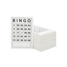 a stack of white cards with the word bingo written on them and numbers arranged around it