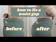 the bottom half of a woman's pants showing how to fix a waist gap